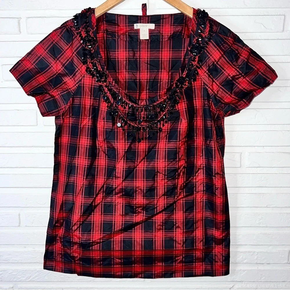 J. Crew Black and Red Eliza Silk Checkered Jeweled Bib Blouse, Women’s Size 0